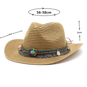 Détails du chapeau de cow-boy en paille: bord 8cm, ruban ethnique avec perles et pompon