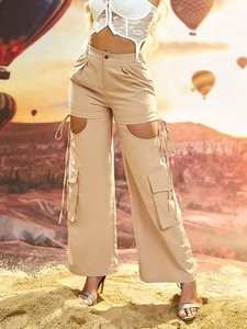 Women's khaki cargo wide-leg pants with high waist and hollow-out lace-up details