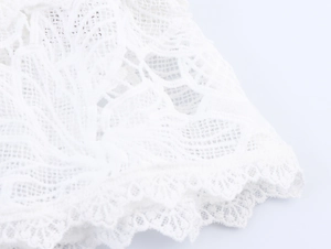 Macro detail of intricate white lace embroidery with floral patterns and wavy edges