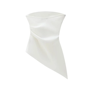 Detailed view of white satin strapless top with ruched texture and asymmetrical design