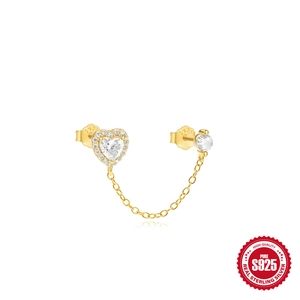 S925 sterling silver gold heart chain earrings with zircon studs on white background
