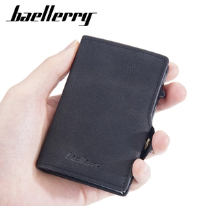 Men's RFID blocking wallet with pop-up card slider in black lychee leather texture