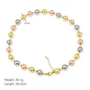 Detail of 12mm tricolor metal beads necklace with 45+5cm length and lobster clasp