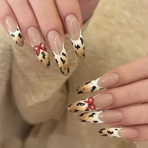 Handmade Press On Nails Leopard Print French 3D Red Bowknot Almond Shape Fake Nails Elegant Manicure For Women Gift