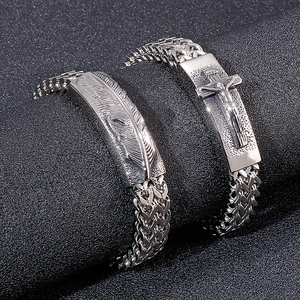 Hip hop feather and cross charm bracelets in silver steel with wheat chain texture