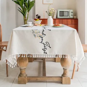 Nordic Minimalist Cotton Linen Tablecloth With Tassels Floral Print Artistic Letters Rectangular Decorative Table Cover