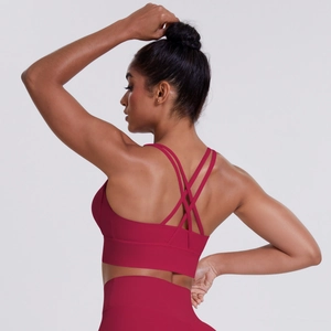 Detailed back view of burgundy sports bra with multi-strap crisscross design for yoga
