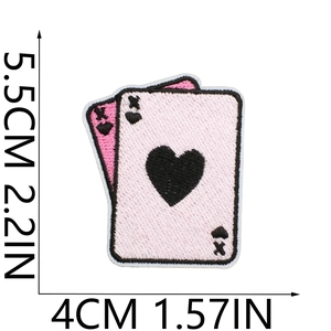 Detail showing pink Ace of Hearts embroidery patch with 5.5x4cm size measurements