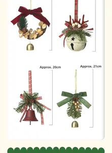 Set of four Christmas bells with velvet ribbons, red berries and pine needles detail