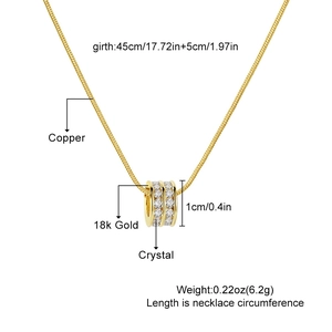Detail showing 18k gold plated hollow zircon pendant with dimensions and 45cm chain length