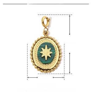 Technical dimensions for teardrop stainless steel pendant with green stone and star inlay