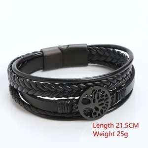 Men's multi-layer woven leather tree of life bracelet with magnetic buckle 21.5cm