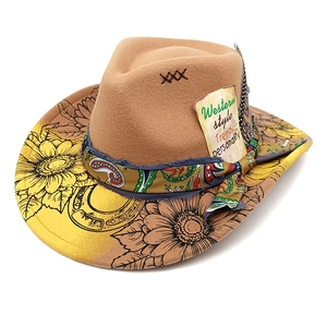 Chapeau De Cowboy Western Feutre Fedora Jazz À Large Bord Imprimé Tournesol Ruban Paisley Plume Style Ethnique Rétro Pour Hommes Femmes