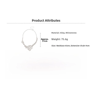 Detail view of rhinestone water drop necklace with length specs and silver alloy finish