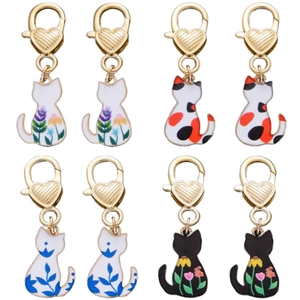 Cute Enamel Cat Silhouette Keychain With Heart Lobster Clasp Zinc Alloy Floral Pattern Bag Charm For Women Girls Accessory