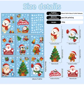 Size chart showing nine sheets of Christmas window stickers measuring 20x30cm made of PVC