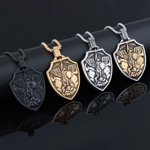 Punk style stainless steel Archangel Michael shield pendants in black, gold, and silver