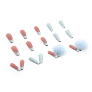 Blue coffin press on nails with cute fur balls, silver glitter and rhinestone accents