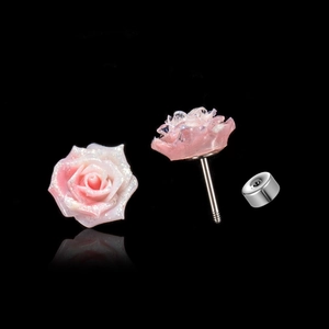 Pink gradient resin rose earrings in titanium steel for a gentle and elegant style