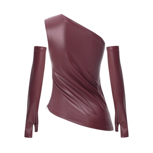 Detailed view of burgundy PU leather asymmetric top and matching sleeve set in soft texture