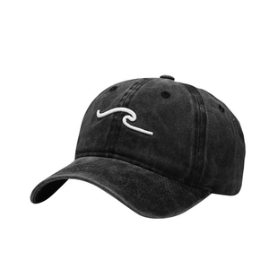 Casquette de baseball noire délavée vintage avec broderie vague 3D et visière courbée