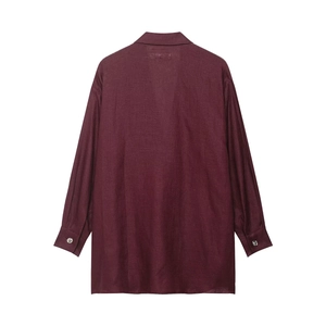 Women's burgundy linen long sleeve shirt with classic turn-down collar and buttoned cuffs