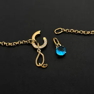 Stainless Steel Heart Cursive Initial Letter Pendant Necklace Blue Rhinestone Personalized DIY A-Z Jewelry For Women