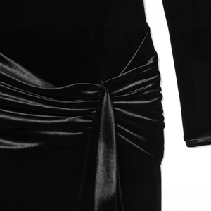 Fashionable velvet mini dress in black featuring a satin twist knot waist detail