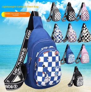 Detail view of children's chest bag showing double-layer pockets and cartoon patterns