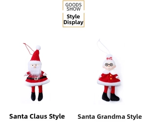 Detailed view of plush Santa Claus and Mrs. Claus ornaments with hanging strings