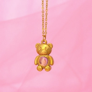 Y2K Cute 3D Teddy Bear Pendant Necklace Gold Plated Titanium Steel Pink Rhinestone Necklace For Women Teen Girls Jewelry Gift