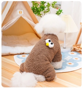 Detail of coffee fleece dog jumpsuit with cartoon doll decoration and D-ring