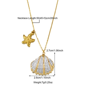 Detail of gold shell pendant and starfish necklace with exact product dimensions