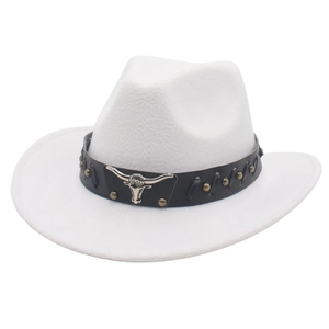 Detailed view of white cowboy hat with black leather band, rivets and bull head metal buckle