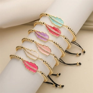 Leaf Pendant Bracelet Enamel Copper Bead Adjustable Woven String Fashion Jewelry With Zircon Leaf Charm For Women
