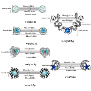 Detailed dimension guide for 14G blue gemstone nipple rings in various shapes