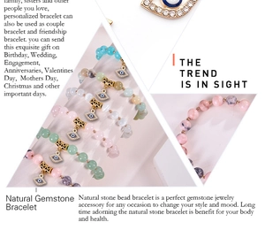 Close-up of 8mm pink zebra stone beads and evil eye charms on various bracelets