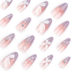 French purple cat eye gradient press-on nails with 3D bows and pearl chain accents