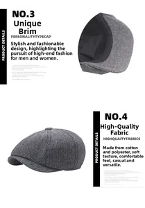 Detail of grey herringbone newsboy hat showing soft cotton-polyester fabric and inner lining