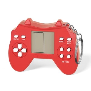 Mini red handheld Tetris game console keychain with classic retro design and LCD screen