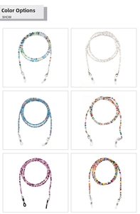 Detailed grid showing colorful beaded eyewear chains with metal lobster clasps and loops