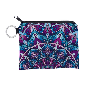 Mandala print coin purse with purple floral patterns and metal keychain ring