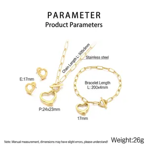 Detailed view of titanium steel jewelry set featuring hollow heart pendants and OT clasps