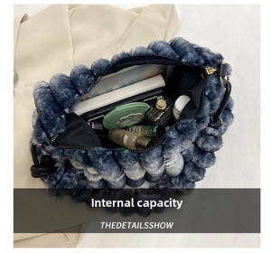 Macro view of plush gradient blue bag showing spacious internal capacity for daily items