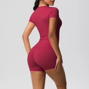 Detailed back view of women's dark rose yoga set showing high-stretch fabric and slim fit