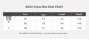 Detailed size chart for high-impact cross-back sports bra with S, M, L dimensions