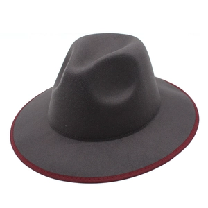 Classic dark grey wool fedora hat with burgundy ribbon trim and flat brim for men and women
