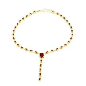 Gold bamboo link necklace with rectangular red cubic zirconia stones and lobster clasp