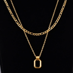 Vintage Titanium Steel Double Layer Necklace For Women 18K Gold Plated Figaro Chain Geometric Square Pendant Fashion Jewelry Gift