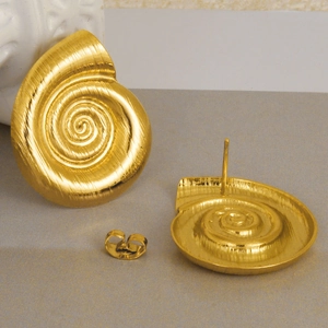Golden stainless steel conch shell stud earrings with spiral textured design